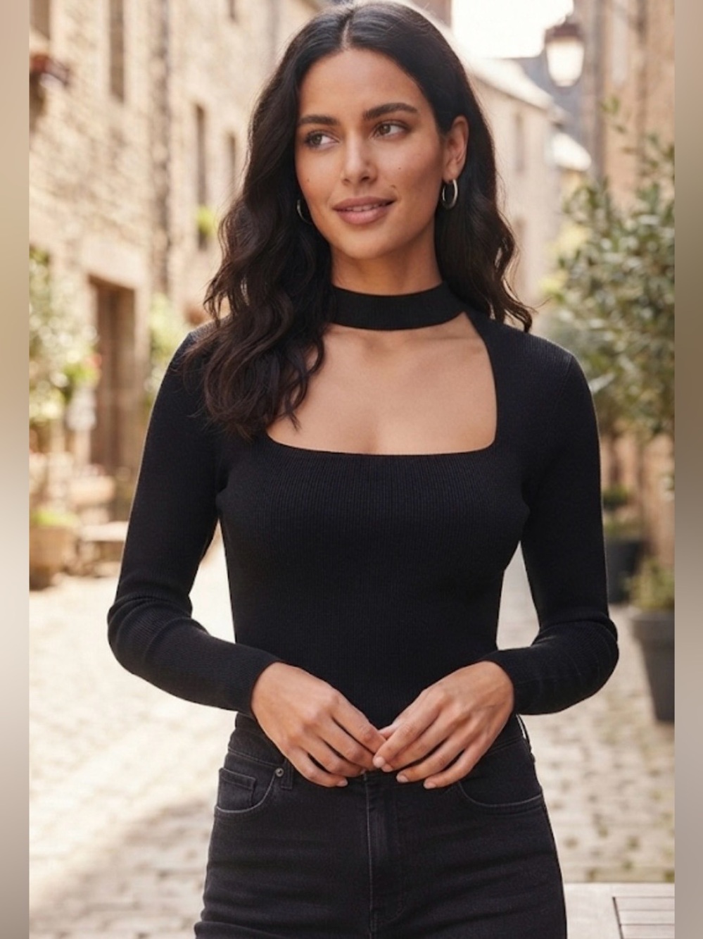 Zara Black Square-Neck Long-Sleeve Knit Top with Choker Detail